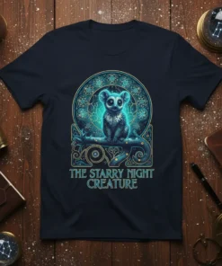 The Starry Night Creature T-Shirt featuring a glowing blue lemur-like animal in a celestial, Art Nouveau-inspired frame