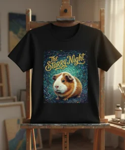 The Starry Night guinea pig t-shirt design featuring a cute guinea pig with text "The Starry Night" and a swirling