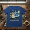 The Starry Night Hamster T-Shirt design featuring a hamster in a Van Gogh-inspired night sky