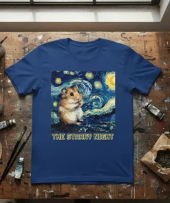 The Starry Night Hamster T-Shirt design featuring a hamster in a Van Gogh-inspired night sky