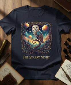 The Starry Night t-shirt design with a barn owl, celestial sky, planets, and ornate border