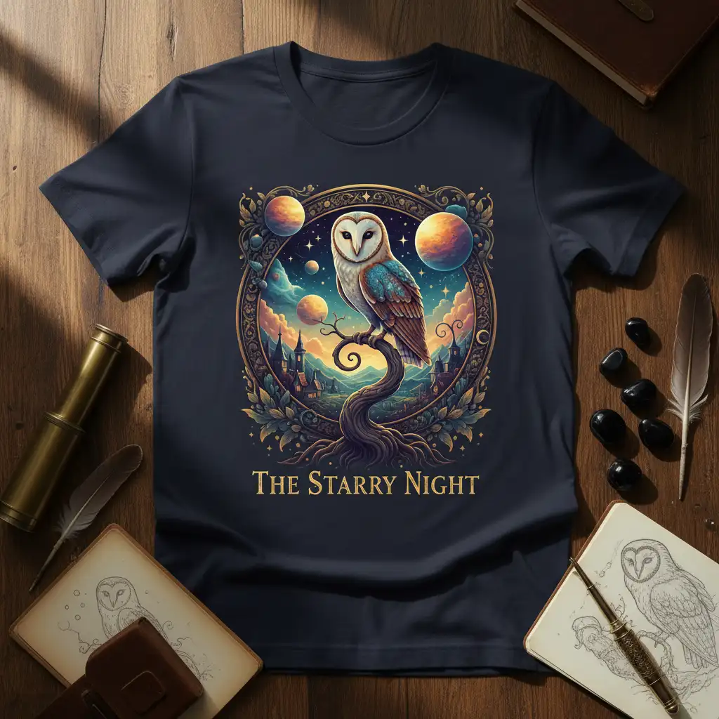 The Starry Night text with a barn owl perched against a magical celestial backdrop with planets