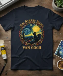 The Starry Night Van Gogh t-shirt design with a squirrel silhouette against a swirling celestial sky