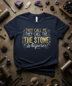 Navy t-shirt with gold and white text that reads "They Call Me They Call The The Stone Whisperer!" featuring crystal