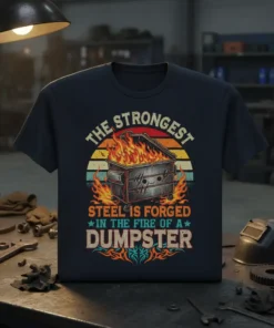 The Strongest Steel Is Forged In The Fire Of A Dumpster quote on a navy t-shirt with a flaming dumpster
