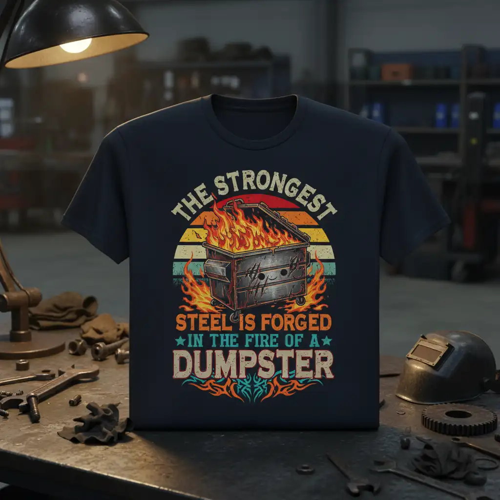 The Strongest Steel Is Forged In The Fire Of A Dumpster quote on a t-shirt with a flaming dumpster and retro sunset
