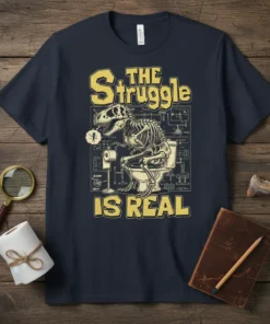 The Struggle Is Real t-shirt design with a skeleton T-Rex on a toilet, featuring yellow text and blueprint graphics
