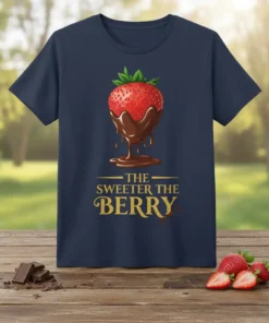 The Sweeter The Berry T-Shirt featuring a chocolate-dipped strawberry graphic and gold text