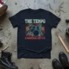 The Tempo Is Whatever I Say It Is text with a drum set graphic on a navy blue t-shirt
