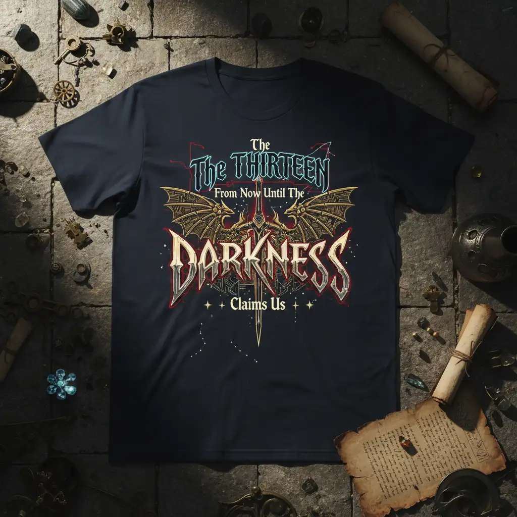 The Thirteen From Now Until The Darkness Claims Us quote design with dragon wings and sword graphic