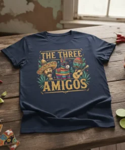 The Three Amigos t-shirt design with sombrero, piñata, guitar, and maracas graphics