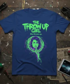 The Throw Up Girl She Throws Up T-Shirt featuring neon green dripping text and a purple and green graphic of