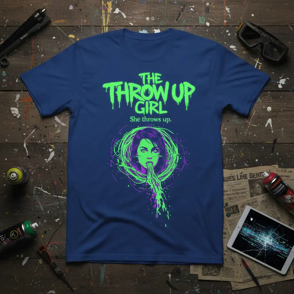 The Throw Up Girl She Throws Up horror movie graphic t-shirt design with neon green text