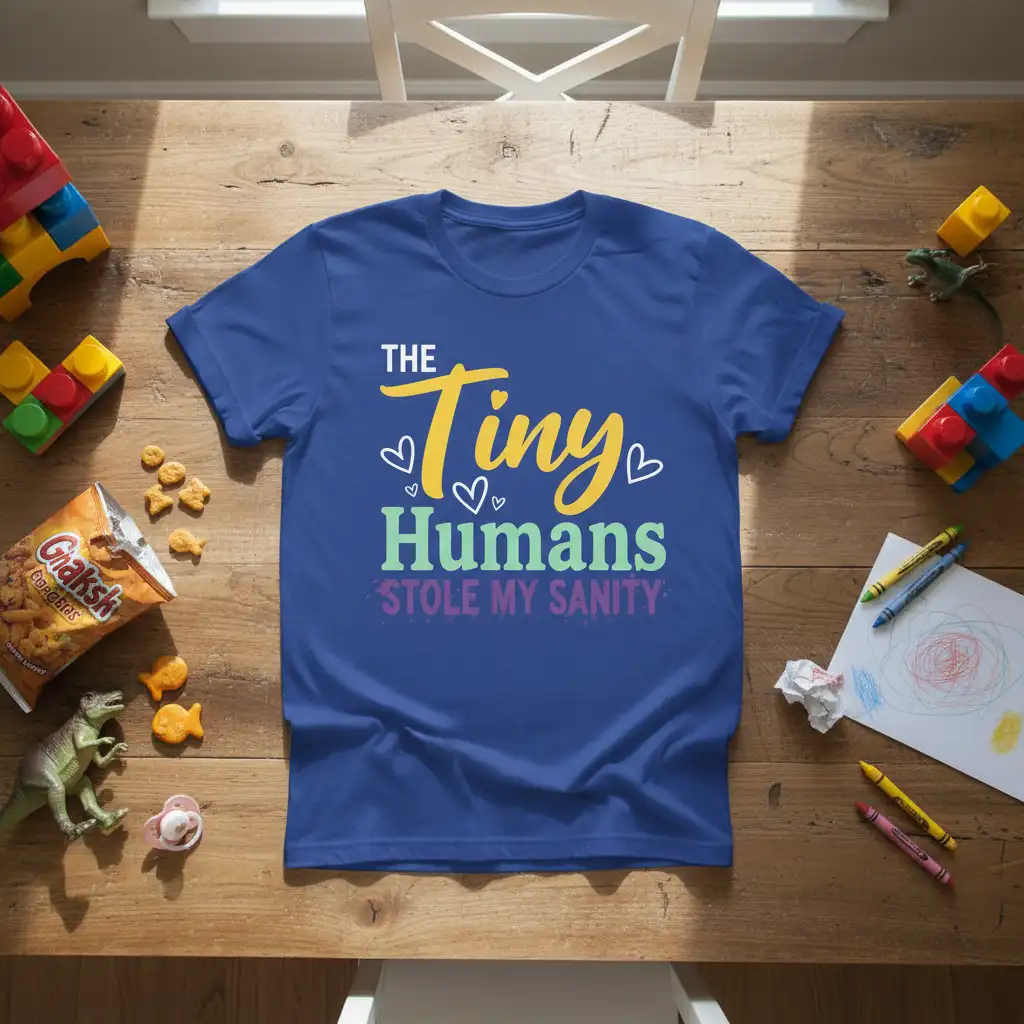 The Tiny Humans Stole My Sanity quote in colorful, playful typography on a blue t-shirt design