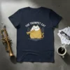 The Trumpet Cat design featuring a cute cat playing a trumpet on a dark t-shirt