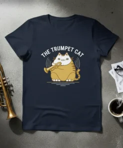 The Trumpet Cat design featuring a cute cat playing a trumpet on a dark t-shirt
