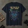 The Truth Is Out There text with a geometric cat and UFO graphic on a navy t-shirt