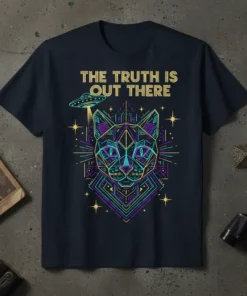 The Truth Is Out There text with a geometric cat and UFO graphic on a navy t-shirt