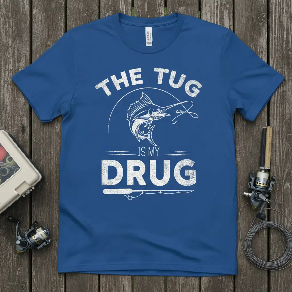 The Tug Is My Drug fishing quote tee with marlin graphic and fishing rod accents