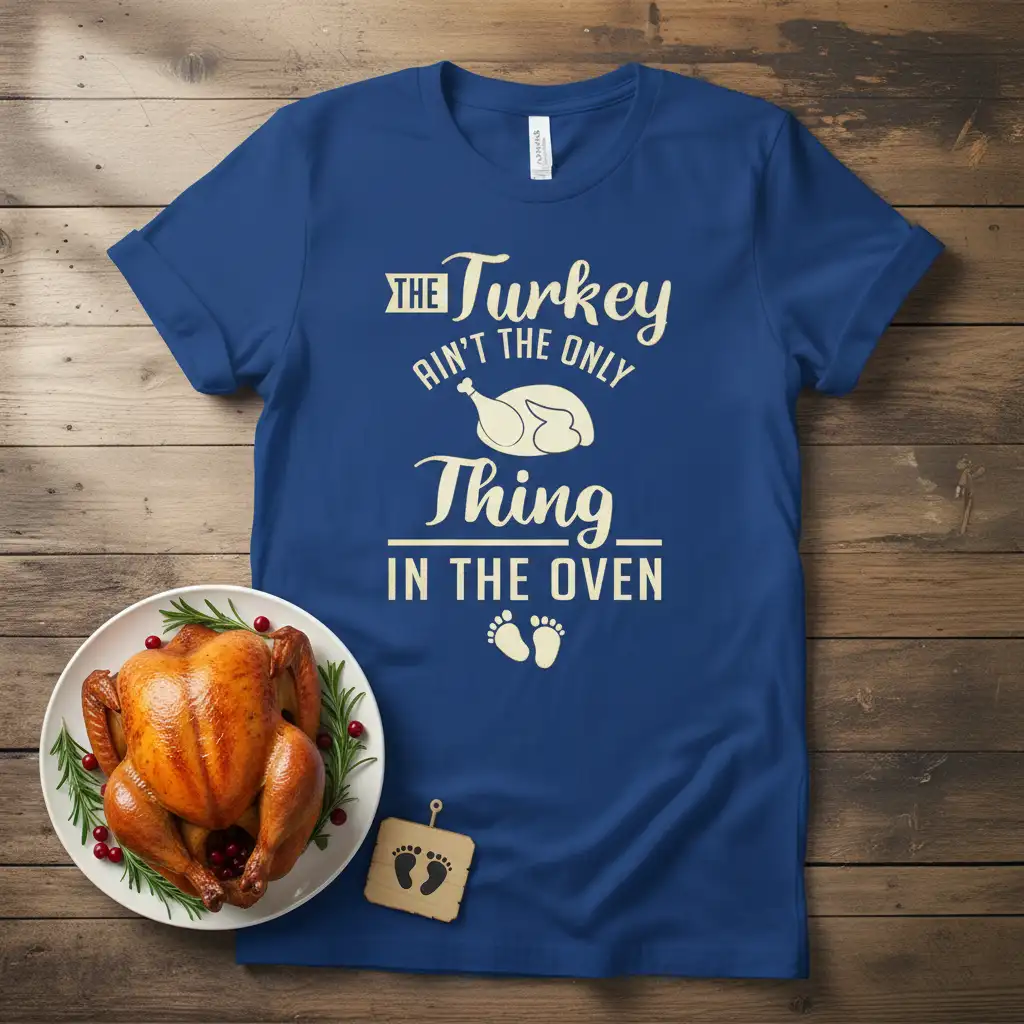 The Turkey Ain't the Only Thing In The Oven quote with turkey and baby feet graphic on a blue t-shirt