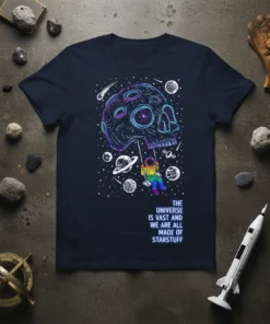 The Universe Is Vast And We Are All Made Of Starstuff quote with astronaut on swing and cosmic skull design