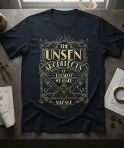 Navy t-shirt with gold art deco design featuring text "The Unsen Architects of Reality - We Shape Silence"