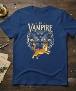 The Vampire The Frightened Feline text with a cute orange cat and bat graphic on a blue t-shirt