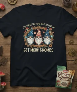 Gnome t-shirt with text "The Voices My Head Keep Telling Me Get More Gnomies" and three gnomes in patriotic hats