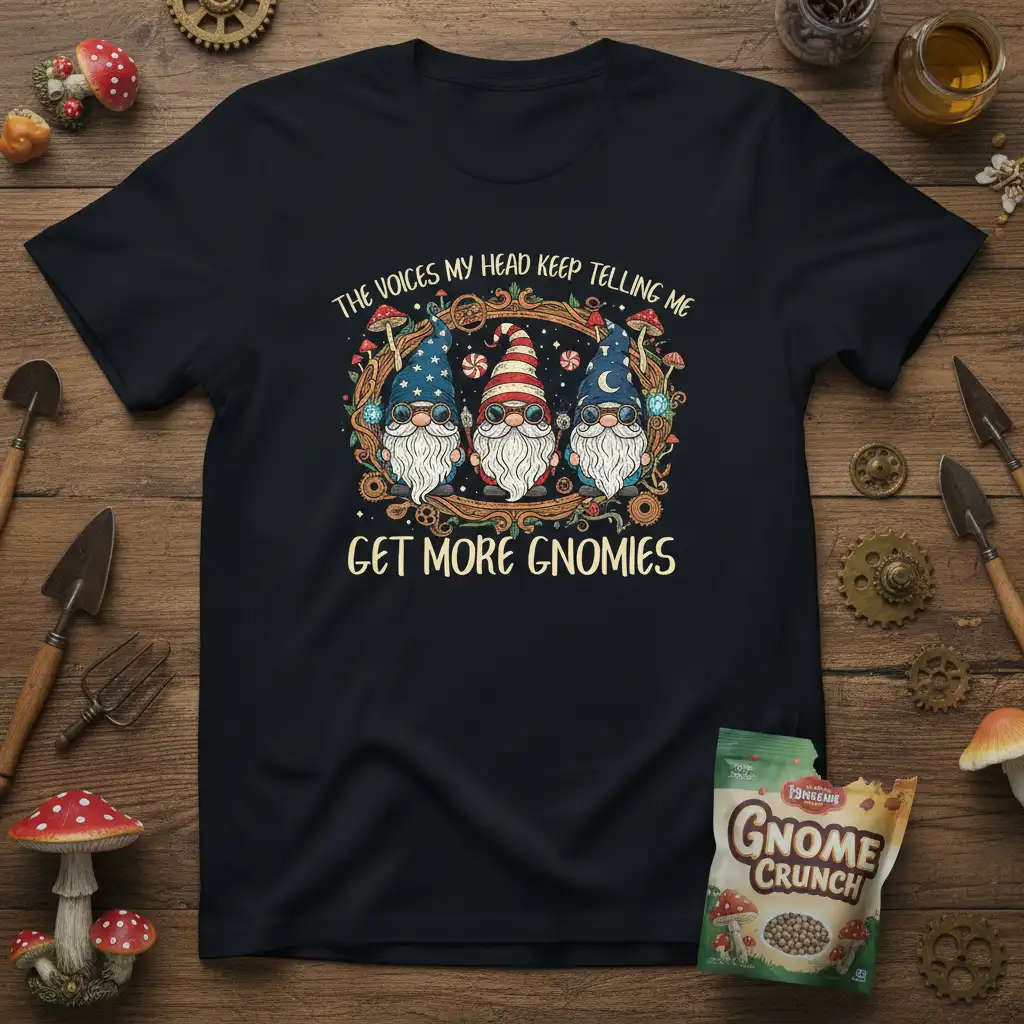 The Voices My Head Keep Telling Me Get More Gnomies quote t-shirt with three patriotic gnomes design
