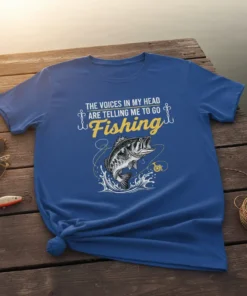 The Voices In My Head Are Telling Me To Go Fishing t-shirt featuring a jumping bass graphic and fishing hooks