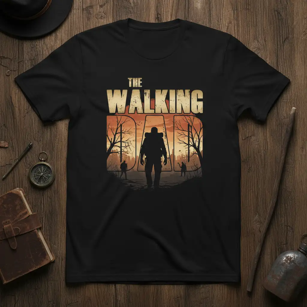The Walking Dad quote graphic on a black t-shirt with a zombie apocalypse theme and father figure silhouette