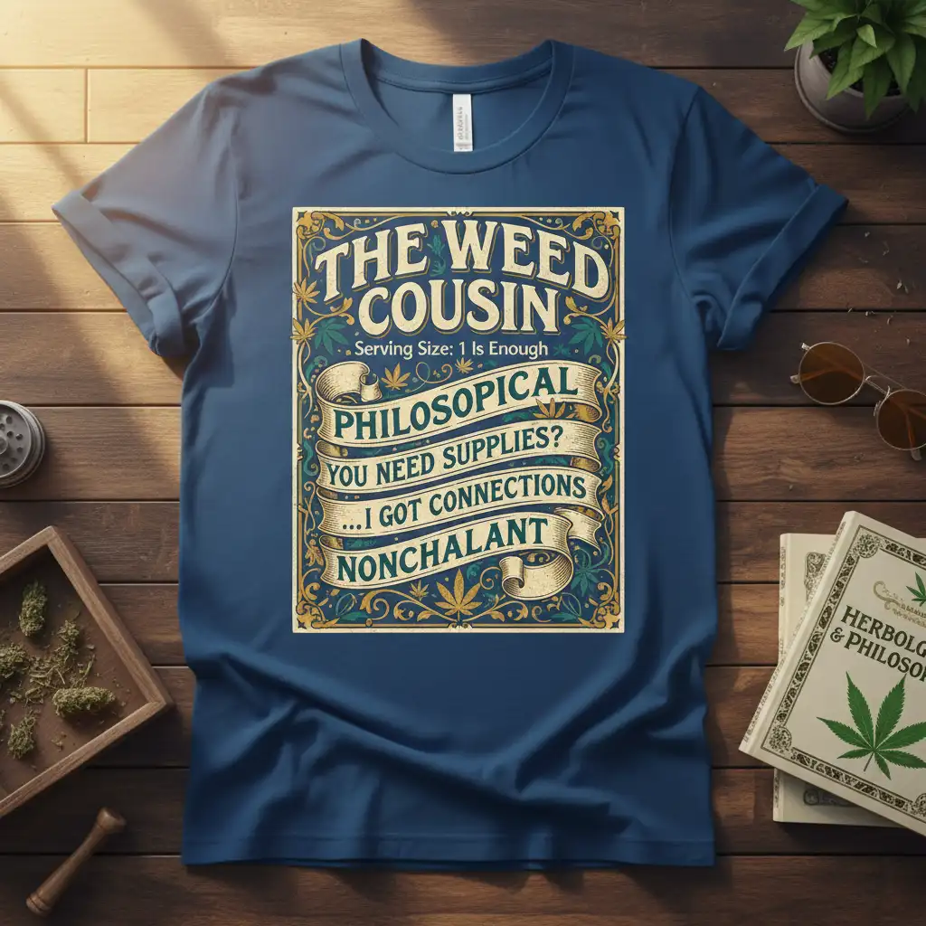 The Weed Cousin philosophical quote design with cannabis leaves and vintage banner, perfect for stoners