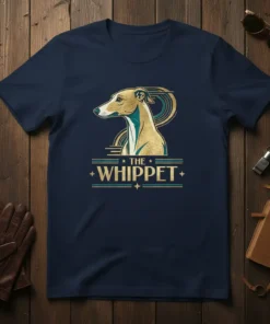 The Whippet t-shirt design featuring a golden whippet dog profile with stylized lines and text