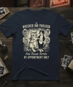 The Whisker Ink Parlour Fine Feline Tattoos By Appointment Only t-shirt design with cats and tattoo equipment