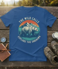 The Wild Calls Explore the Unknown t-shirt with a bear and mountain graphic in a vintage sunset circle