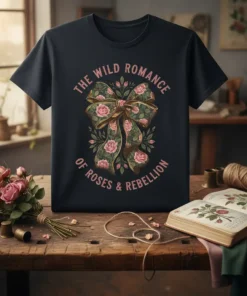Graphic tee with the text "The Wild Romance of Roses & Rebellion" and a floral bow design in pink and