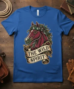 The Wild Spirit text on a banner below a detailed horse head wearing a bandana with skull accents
