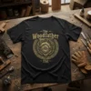 Black t-shirt with gold "The Woodfather THE" text and circular woodworking graphic