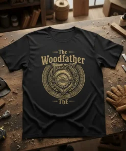 Black t-shirt with gold "The Woodfather THE" text and circular woodworking graphic
