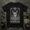 The Zero Of Fucks t-shirt with a skeleton hand making the rock and roll sign surrounded by gothic roses and