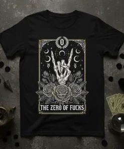 The Zero Of Fucks t-shirt with a skeleton hand making the rock and roll sign surrounded by gothic roses and