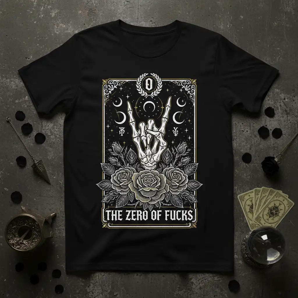 Skeleton hand giving rock horns sign with roses and moons graphic for The Zero Of Fucks tee