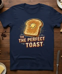 Navy t-shirt featuring the text "THE THE PERFECT TOAST" above a graphic of buttered toast