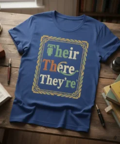 Their There They're homophone humor t-shirt design with vintage frame and colorful text