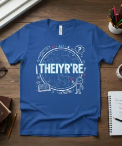 THEIYR'RE text with grammar symbols on a blue t-shirt, featuring a quill, open book, and confused stick figure
