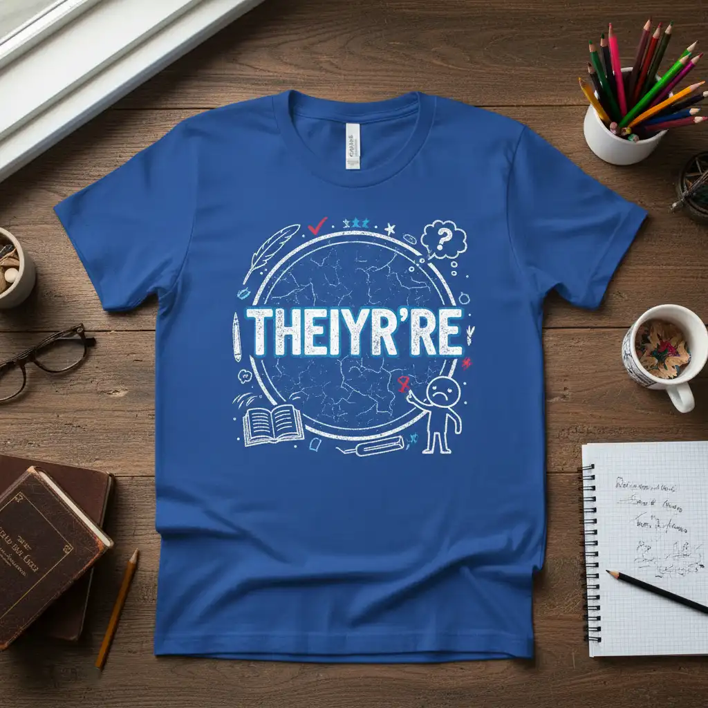 THEIYR'RE grammar correction text design with educational symbols on a royal blue t-shirt