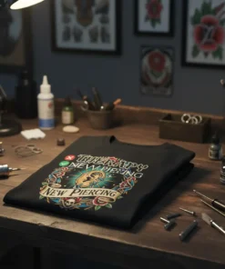 Black t-shirt with "Therapy New Piercing" text and tattoo-style graphics including a piercing barbell and skulls