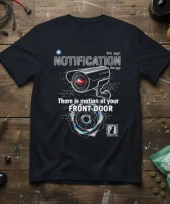 Black t-shirt with "NOTIFICATION 6m ago" and a security camera graphic, displaying "There is motion at your FRONT DOOR" text