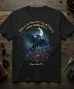 Black t-shirt with "There is no beauty without some strangeness" quote by Edgar Allan Poe, featuring a raven on a