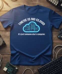 Blue t-shirt with "THERE IS NO CLOUD" text above a neon blue circuit board cloud graphic, and "It's just someone
